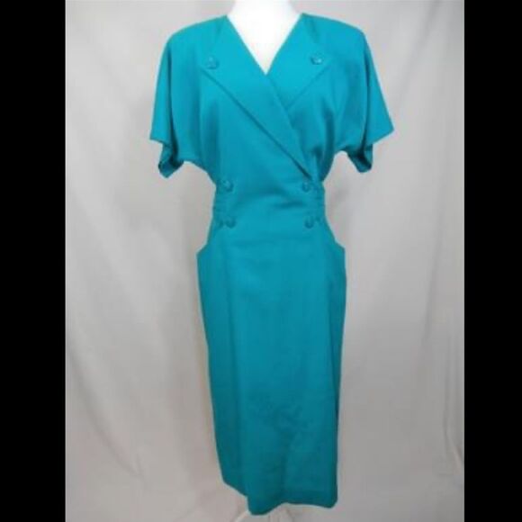 Vintage 80s Teal Dress Secretary Retro Linen Double Breasted Sheath Knee Length - Picture 2 of 13